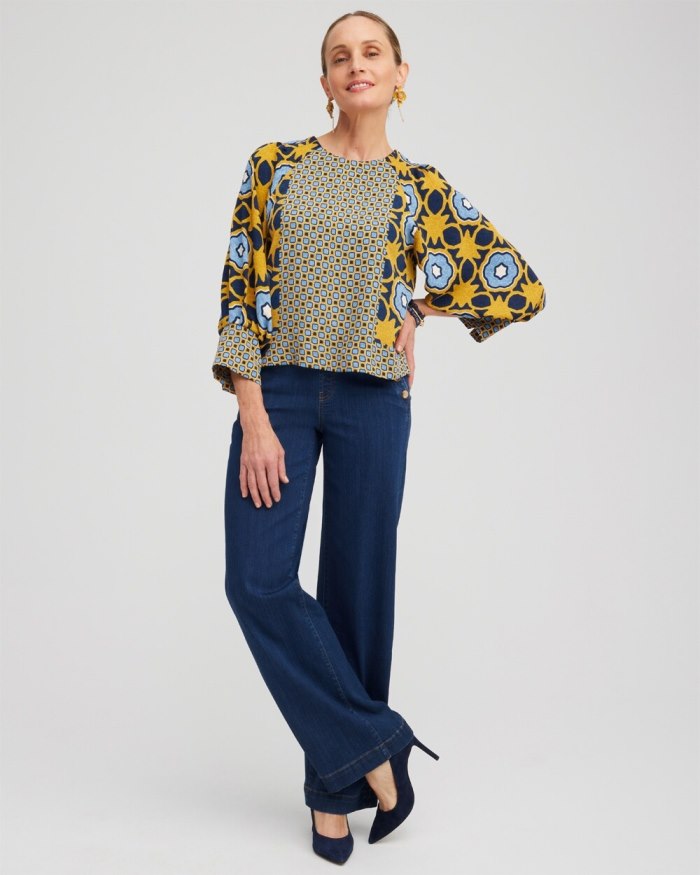 Chicos Geometric Print Pintuck Top - Blue Echo Chicos Geometric Print Pintuck Top - Blue Echo