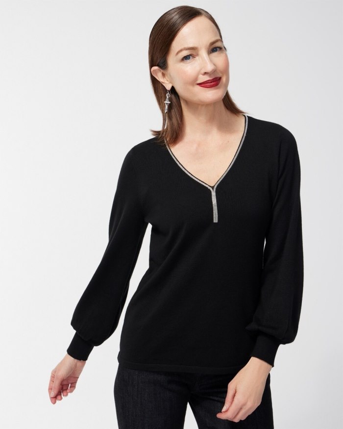 Chicos Caviar Trim V-Neck Pullover Sweater - Ecru Chicos Caviar Trim V-Neck Pullover Sweater - Ecru