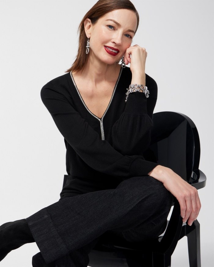 Chicos Caviar Trim V-Neck Pullover Sweater - Ecru Chicos Caviar Trim V-Neck Pullover Sweater - Ecru
