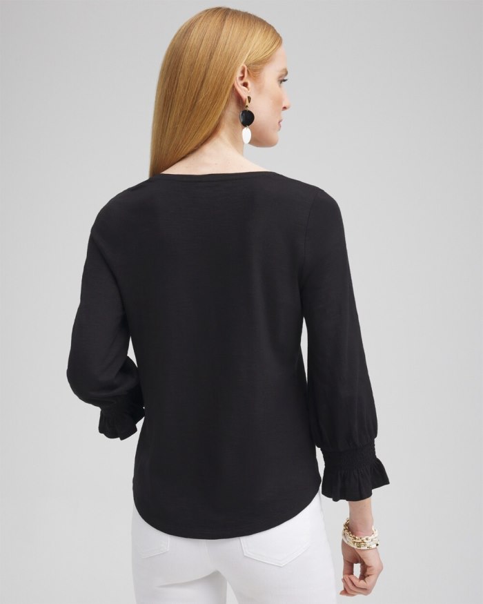 Chicos Smocked 3/4 Sleeve Tee - Intense Azure Chicos Smocked 3/4 Sleeve Tee - Intense Azure