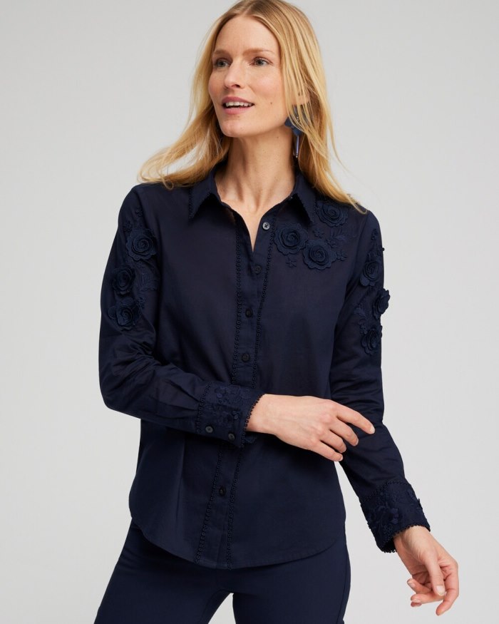 Chicos Floral Applique Blouse - Classic Navy Chicos Floral Applique Blouse - Classic Navy