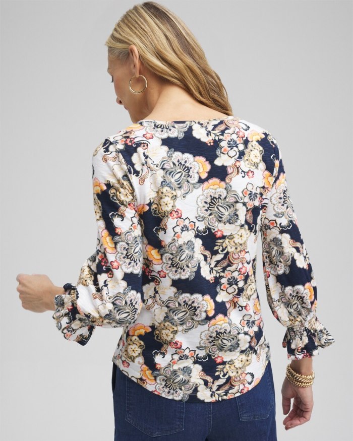 Chicos Abstract Smocked 3/4 Sleeve Tee - Nectarine Chicos Abstract Smocked 3/4 Sleeve Tee - Nectarine