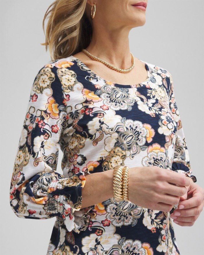Chicos Abstract Smocked 3/4 Sleeve Tee - Nectarine Chicos Abstract Smocked 3/4 Sleeve Tee - Nectarine