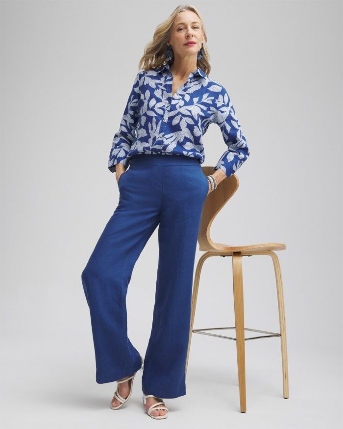 Chicos No Iron Linen Leaf 3/4 Sleeve Shirt - Evening Eclipse Chicos No Iron Linen Leaf 3/4 Sleeve Shirt - Evening Eclipse