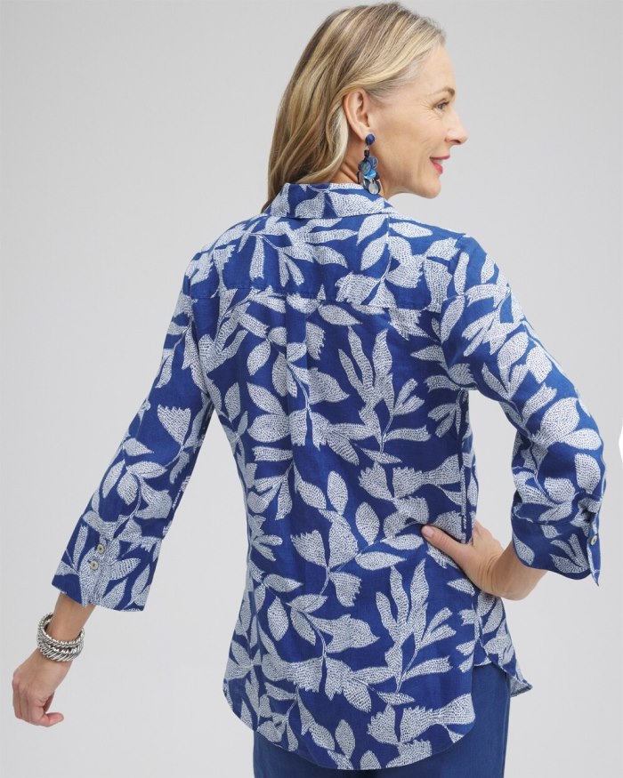 Chicos No Iron Linen Leaf 3/4 Sleeve Shirt - Evening Eclipse Chicos No Iron Linen Leaf 3/4 Sleeve Shirt - Evening Eclipse