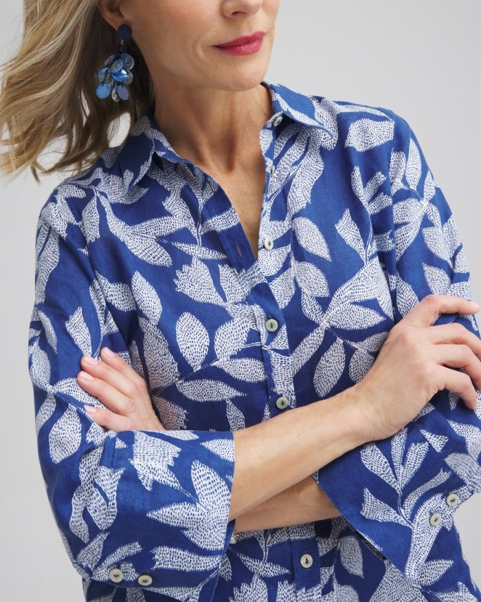 Chicos No Iron Linen Leaf 3/4 Sleeve Shirt - Evening Eclipse Chicos No Iron Linen Leaf 3/4 Sleeve Shirt - Evening Eclipse