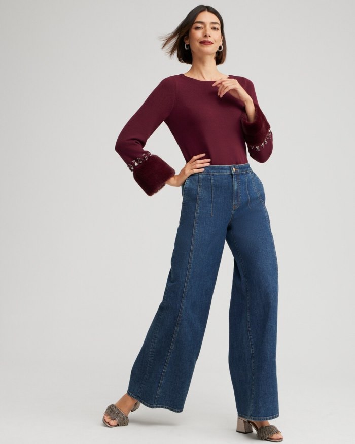 Chicos Faux Fur Trim Embellished Sweater - Deep Merlot Chicos Faux Fur Trim Embellished Sweater - Deep Merlot