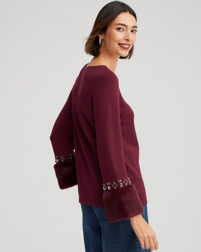 Chicos Faux Fur Trim Embellished Sweater - Deep Merlot Chicos Faux Fur Trim Embellished Sweater - Deep Merlot