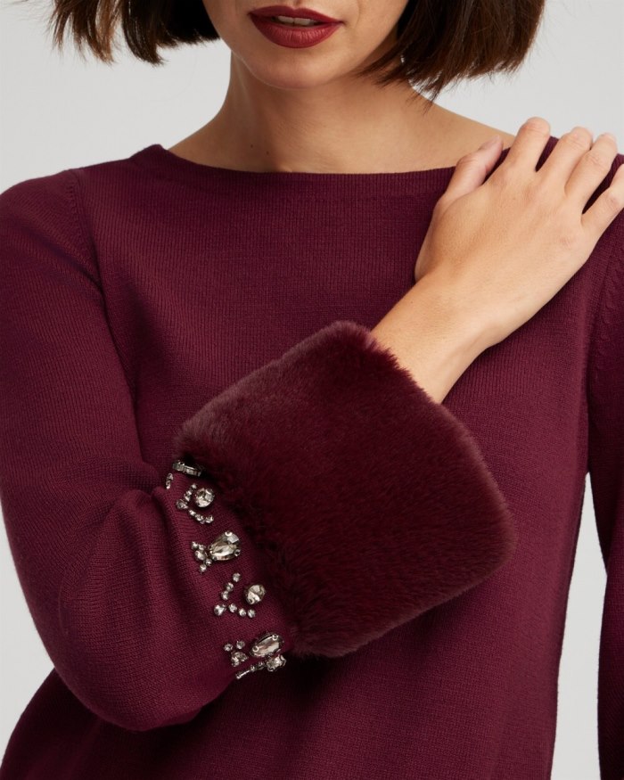 Chicos Faux Fur Trim Embellished Sweater - Deep Merlot Chicos Faux Fur Trim Embellished Sweater - Deep Merlot