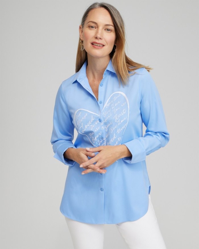 Chicos No Iron Stretch Embroidered Heart Shirt - Blue Veil Chicos No Iron Stretch Embroidered Heart Shirt - Blue Veil