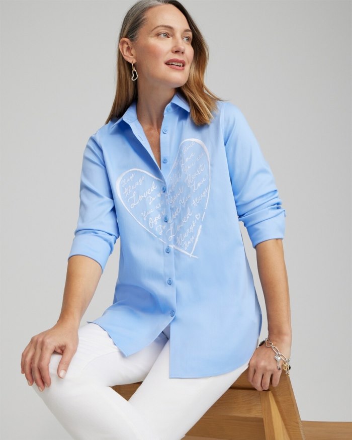 Chicos No Iron Stretch Embroidered Heart Shirt - Blue Veil Chicos No Iron Stretch Embroidered Heart Shirt - Blue Veil