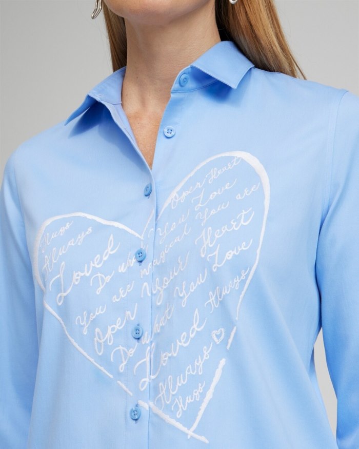 Chicos No Iron Stretch Embroidered Heart Shirt - Blue Veil Chicos No Iron Stretch Embroidered Heart Shirt - Blue Veil