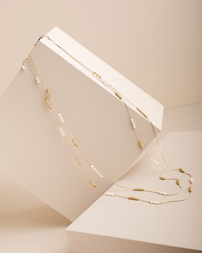 Chicos Long Faux-Pearl and Goldtone Double-Strand Necklace - Gold Chicos Long Faux-Pearl and Goldtone Double-Strand Necklace - Gold