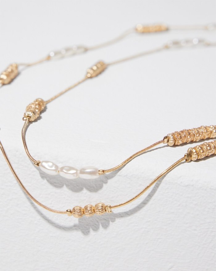Chicos Long Faux-Pearl and Goldtone Double-Strand Necklace - Gold Chicos Long Faux-Pearl and Goldtone Double-Strand Necklace - Gold