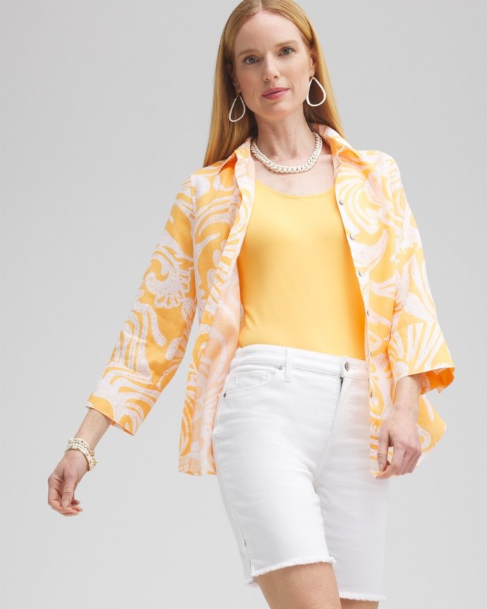 Chicos No Iron Linen Scroll 3/4 Sleeve Shirt - Mango Sorbet Chicos No Iron Linen Scroll 3/4 Sleeve Shirt - Mango Sorbet
