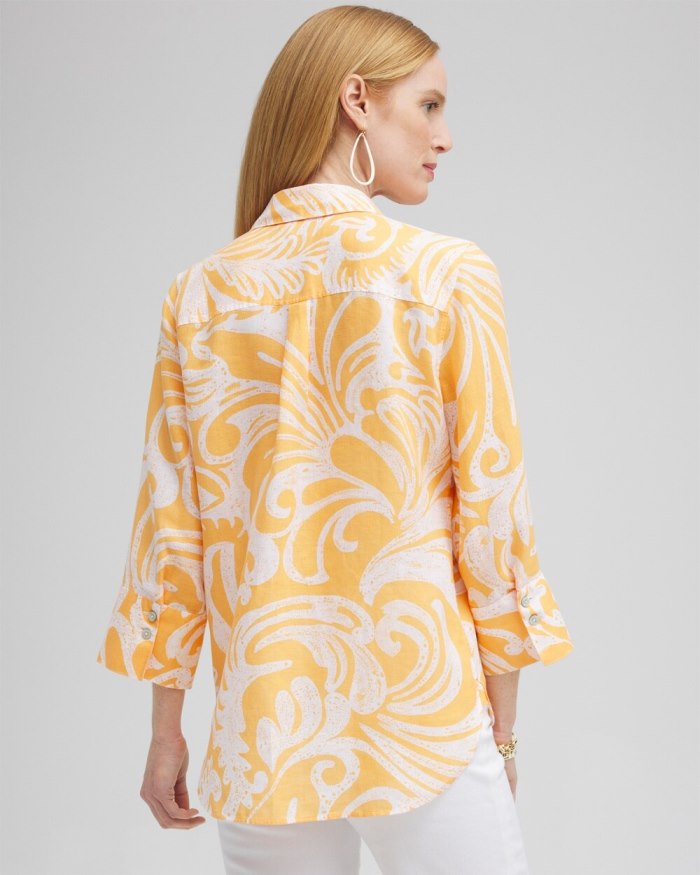 Chicos No Iron Linen Scroll 3/4 Sleeve Shirt - Mango Sorbet Chicos No Iron Linen Scroll 3/4 Sleeve Shirt - Mango Sorbet