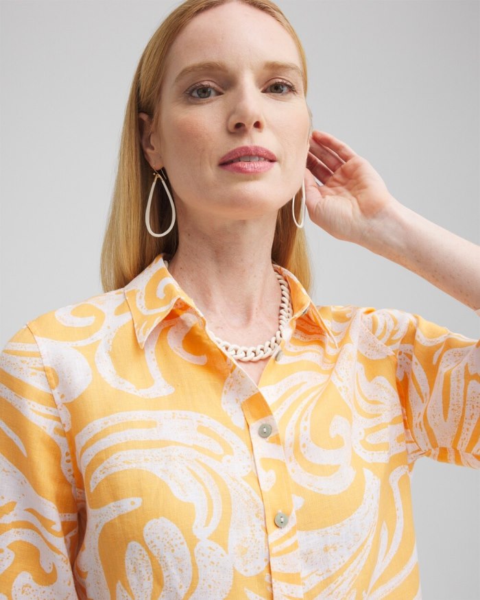 Chicos No Iron Linen Scroll 3/4 Sleeve Shirt - Mango Sorbet Chicos No Iron Linen Scroll 3/4 Sleeve Shirt - Mango Sorbet
