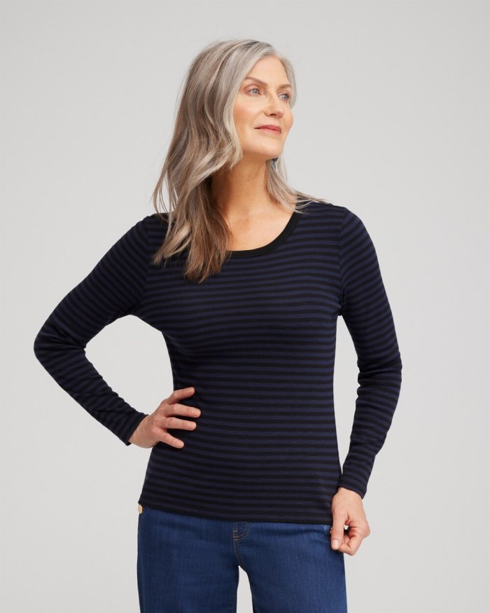 Chicos Stripe Ribbed Layering Tee - Classic Navy Chicos Stripe Ribbed Layering Tee - Classic Navy