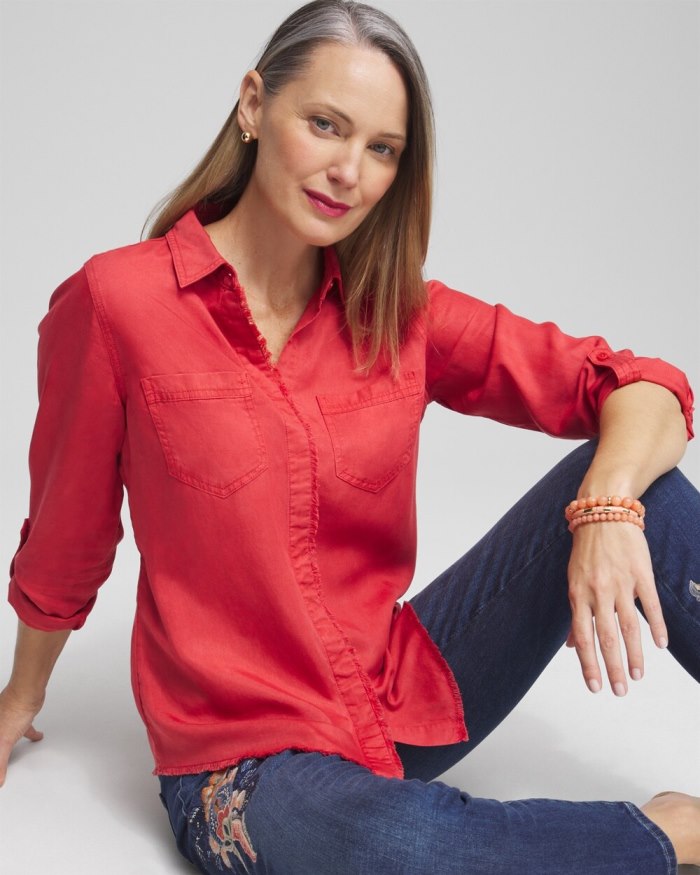 Chicos Twill Fringe Hem Shirt - Alabaster Chicos Twill Fringe Hem Shirt - Alabaster