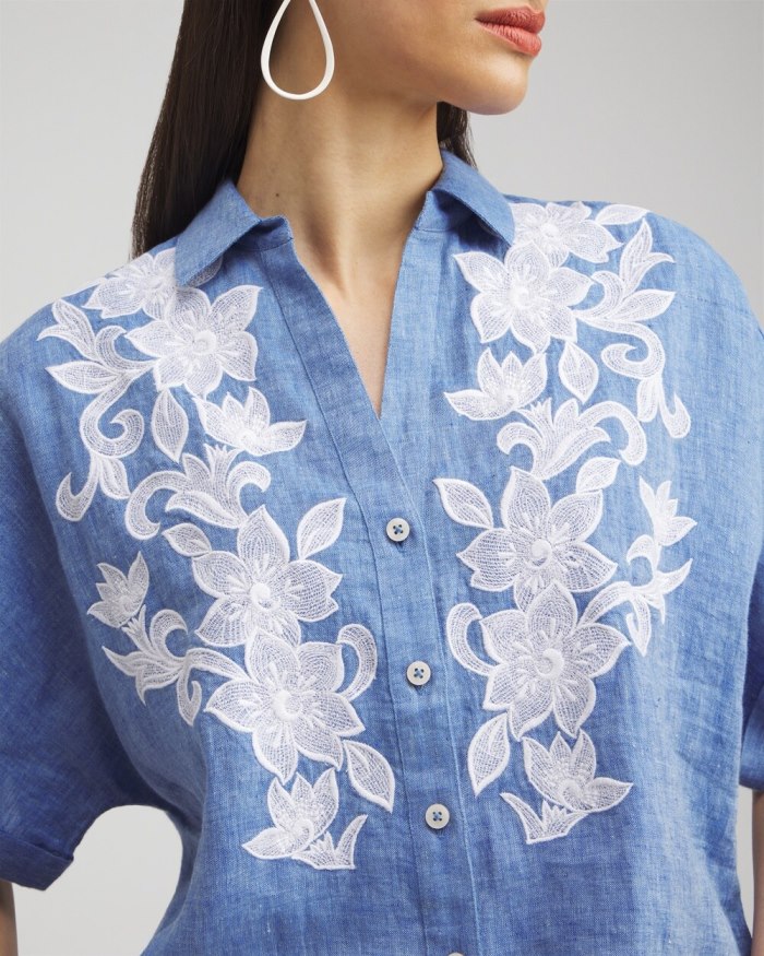 Chicos Linen Embroidered Applique Shirt - Indigo Chicos Linen Embroidered Applique Shirt - Indigo