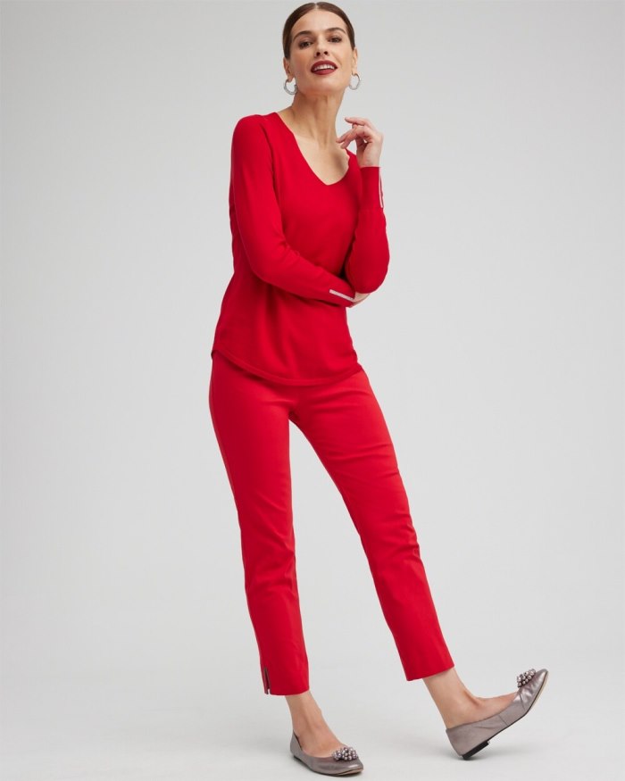 Chicos Caviar Trim V-Neck Pullover Sweater - Wild Poppy Chicos Caviar Trim V-Neck Pullover Sweater - Wild Poppy