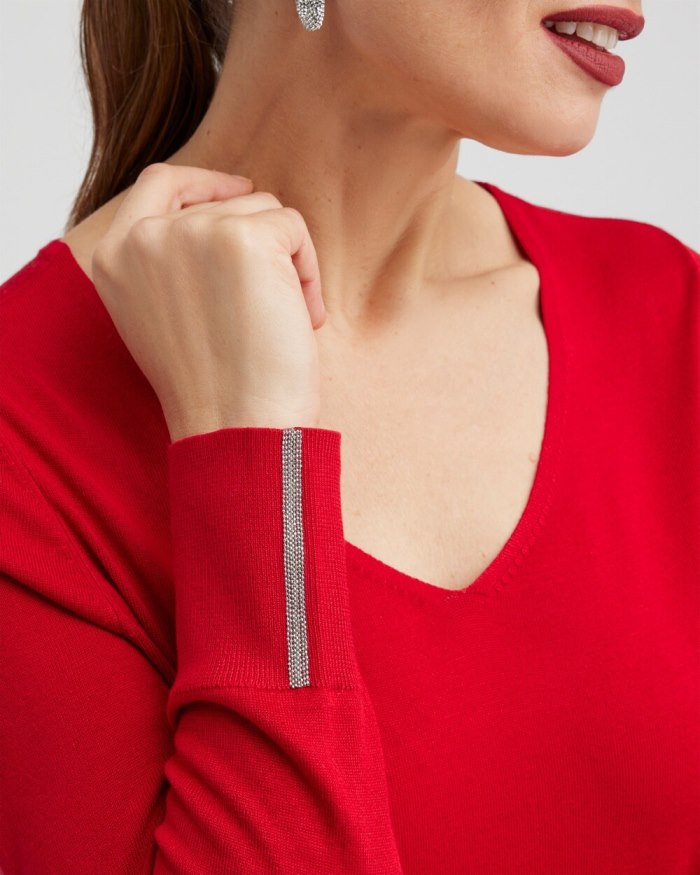 Chicos Caviar Trim V-Neck Pullover Sweater - Wild Poppy Chicos Caviar Trim V-Neck Pullover Sweater - Wild Poppy