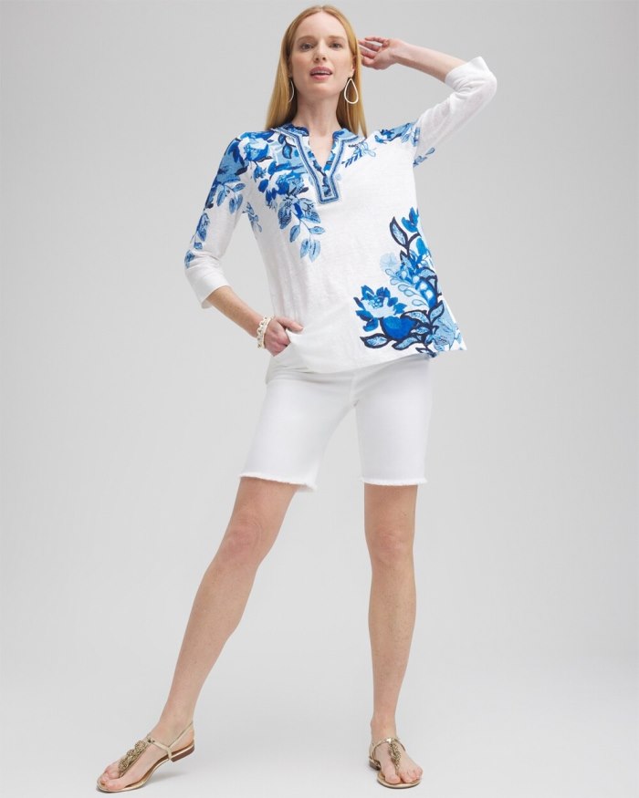 Chicos Linen Floral Embellished Tunic - Intense Azure Chicos Linen Floral Embellished Tunic - Intense Azure