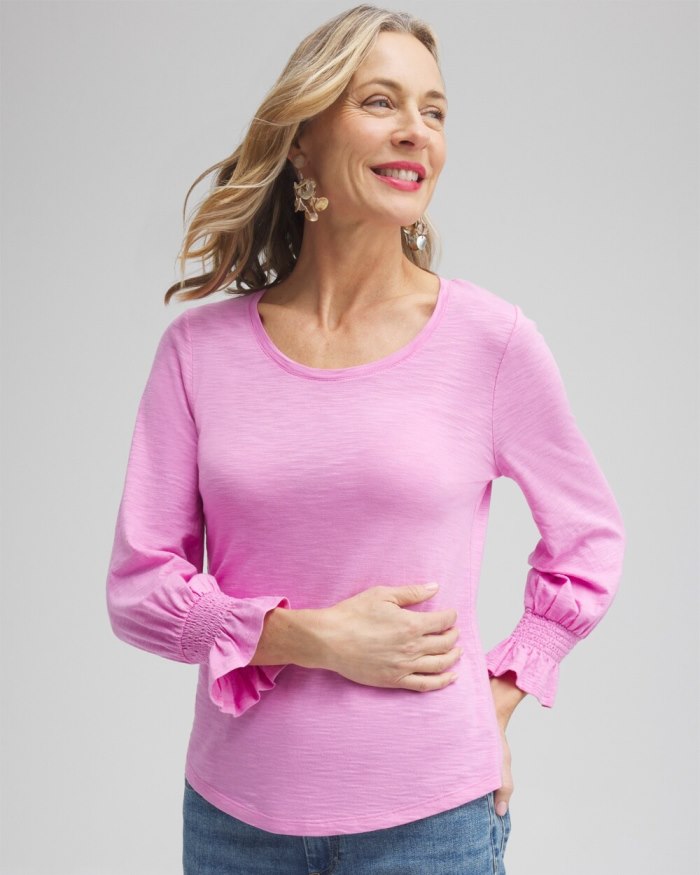 Chicos Smocked 3/4 Sleeve Tee - Pink Dawn Chicos Smocked 3/4 Sleeve Tee - Pink Dawn