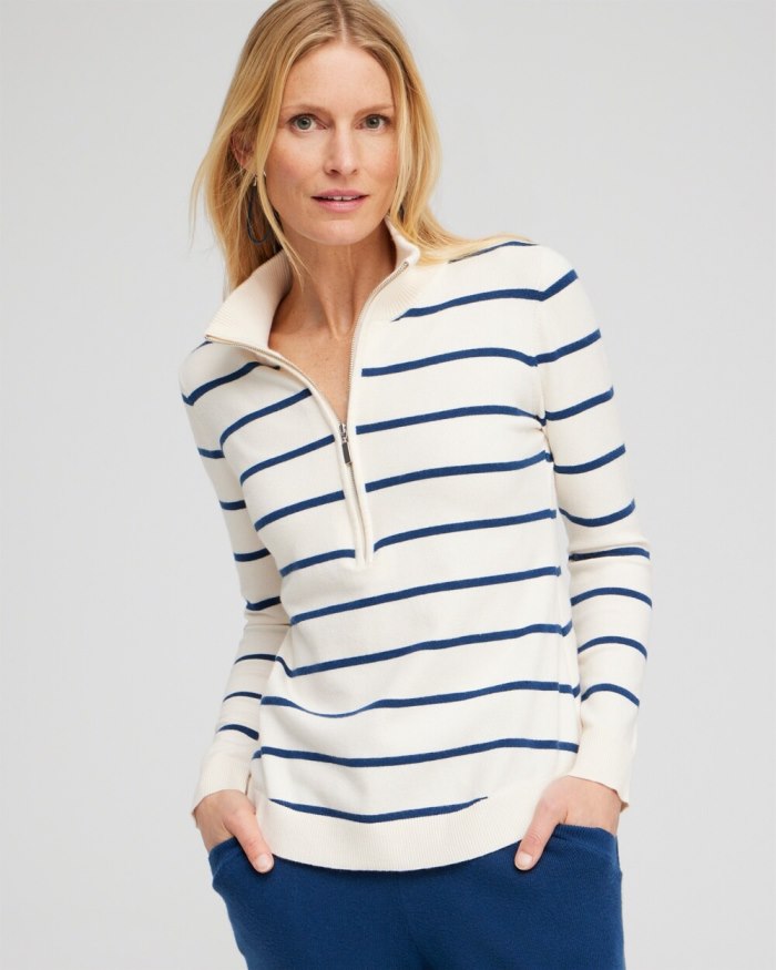 Chicos Zenergy Luxe Cashmere Blend Stripe Sweater - Azores Blue Chicos Zenergy Luxe Cashmere Blend Stripe Sweater - Azores Blue