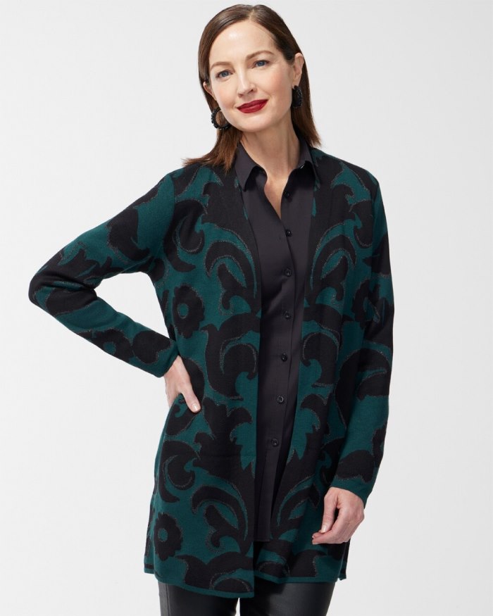 Chicos Scroll Print Lurex Cardigan Sweater - Enchanted Forest Chicos Scroll Print Lurex Cardigan Sweater - Enchanted Forest