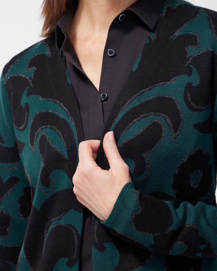 Chicos Scroll Print Lurex Cardigan Sweater - Enchanted Forest Chicos Scroll Print Lurex Cardigan Sweater - Enchanted Forest