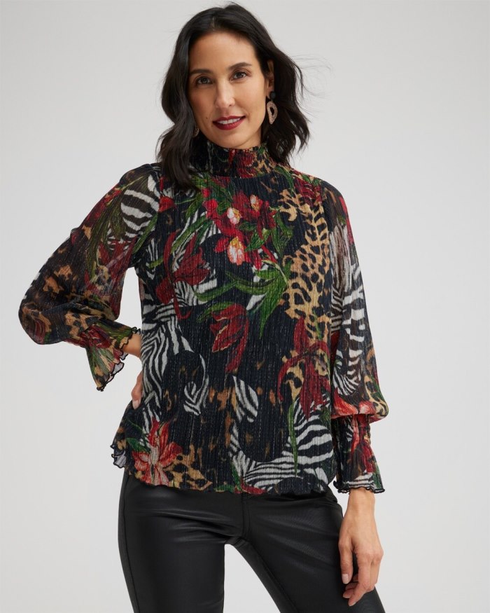 Chicos Mock Neck Mixed Print Metallic Crinkle Top - Black Chicos Mock Neck Mixed Print Metallic Crinkle Top - Black
