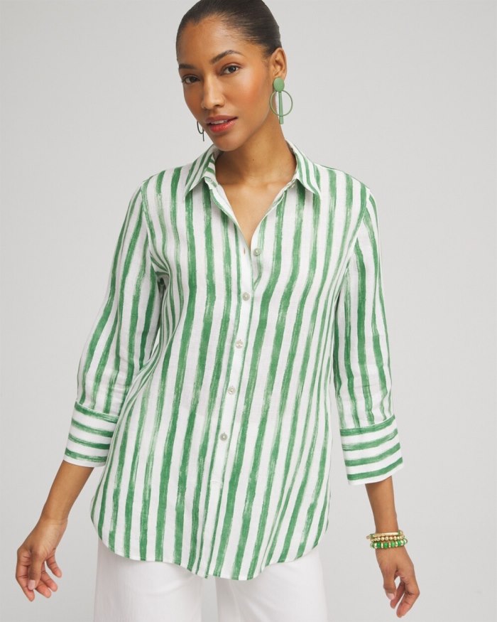 Chicos No Iron Linen Stripe 3/4 Sleeve Shirt - Verdant Green Chicos No Iron Linen Stripe 3/4 Sleeve Shirt - Verdant Green