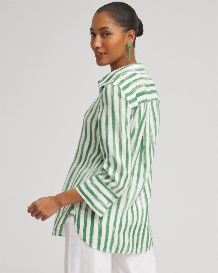 Chicos No Iron Linen Stripe 3/4 Sleeve Shirt - Verdant Green Chicos No Iron Linen Stripe 3/4 Sleeve Shirt - Verdant Green