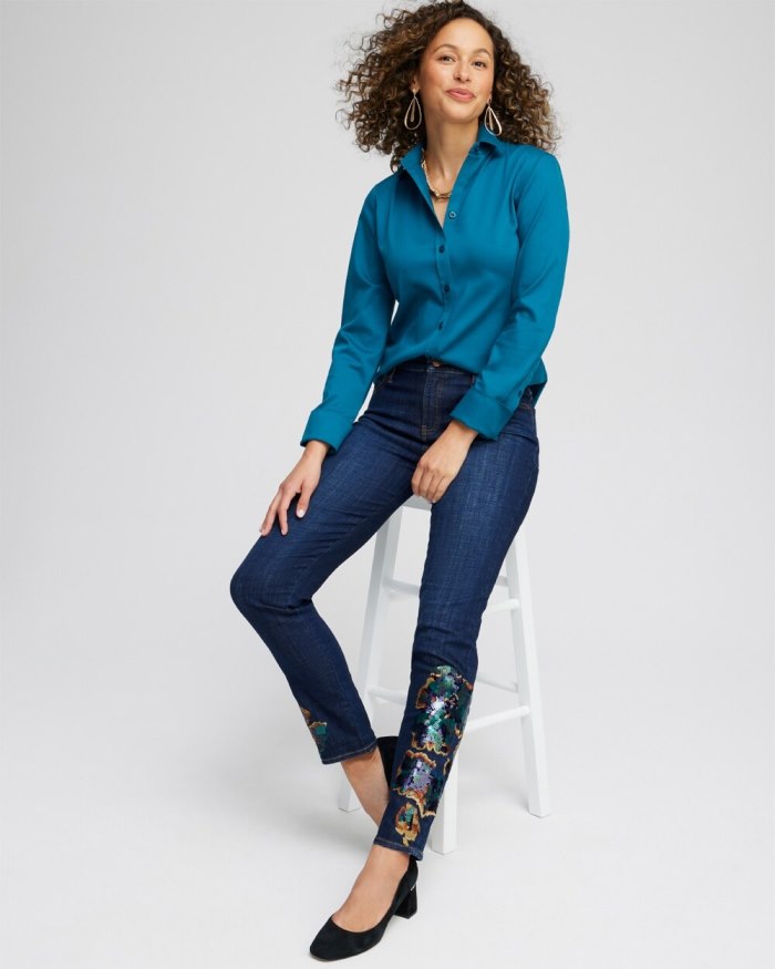 Chicos Girlfriend Sequin Ankle Jeans - Halton Street Indigo Chicos Girlfriend Sequin Ankle Jeans - Halton Street Indigo