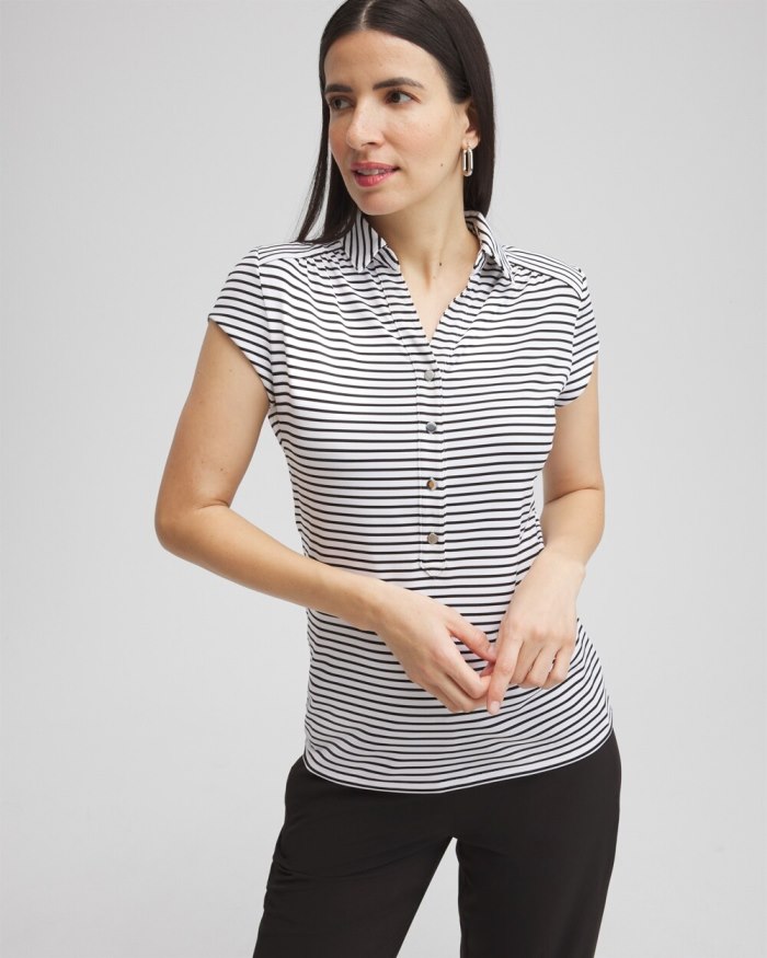 Chicos Zenergy UPF Stripe Cap Sleeve Polo - Black Chicos Zenergy UPF Stripe Cap Sleeve Polo - Black