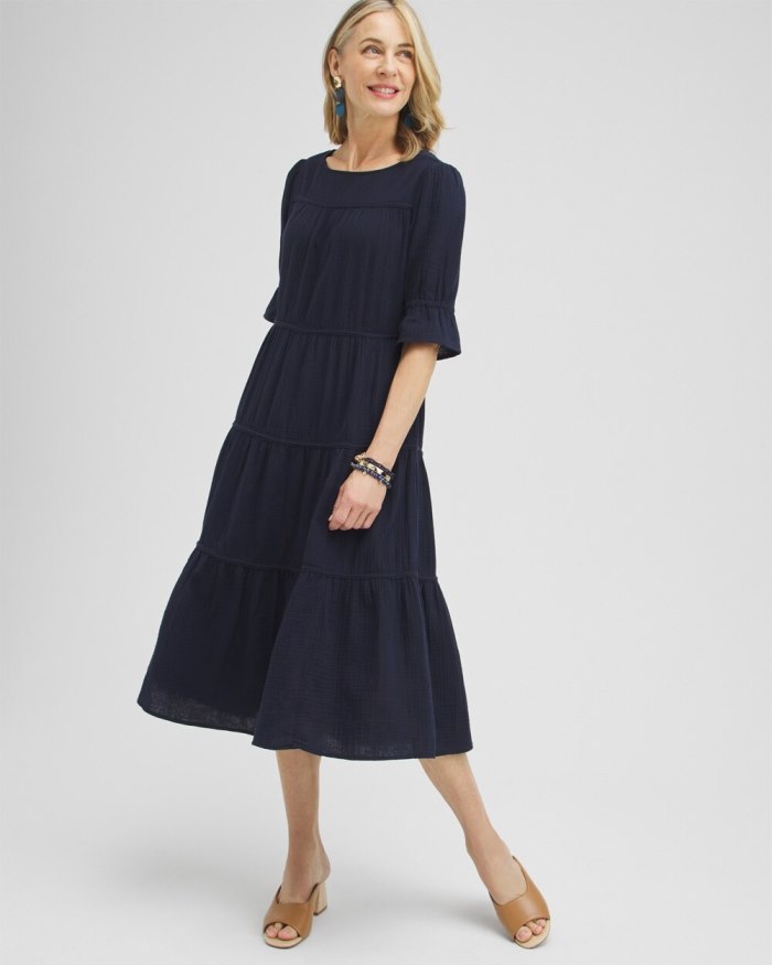 Chicos Gauze Tiered Midi Dress - Classic Navy Chicos Gauze Tiered Midi Dress - Classic Navy
