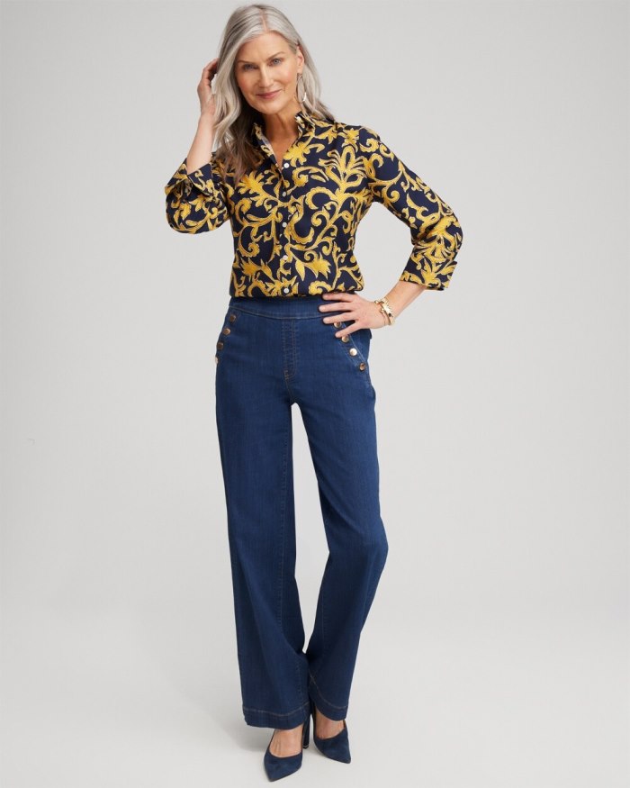 Chicos No Iron 3/4 Sleeve Filigree Print Shirt - Classic Navy Chicos No Iron 3/4 Sleeve Filigree Print Shirt - Classic Navy