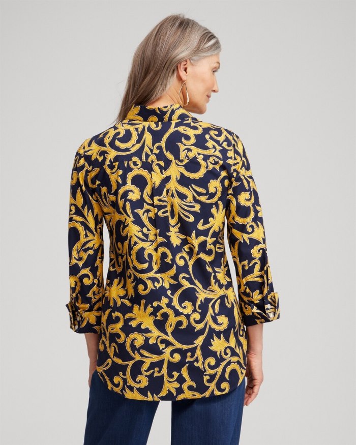 Chicos No Iron 3/4 Sleeve Filigree Print Shirt - Classic Navy Chicos No Iron 3/4 Sleeve Filigree Print Shirt - Classic Navy