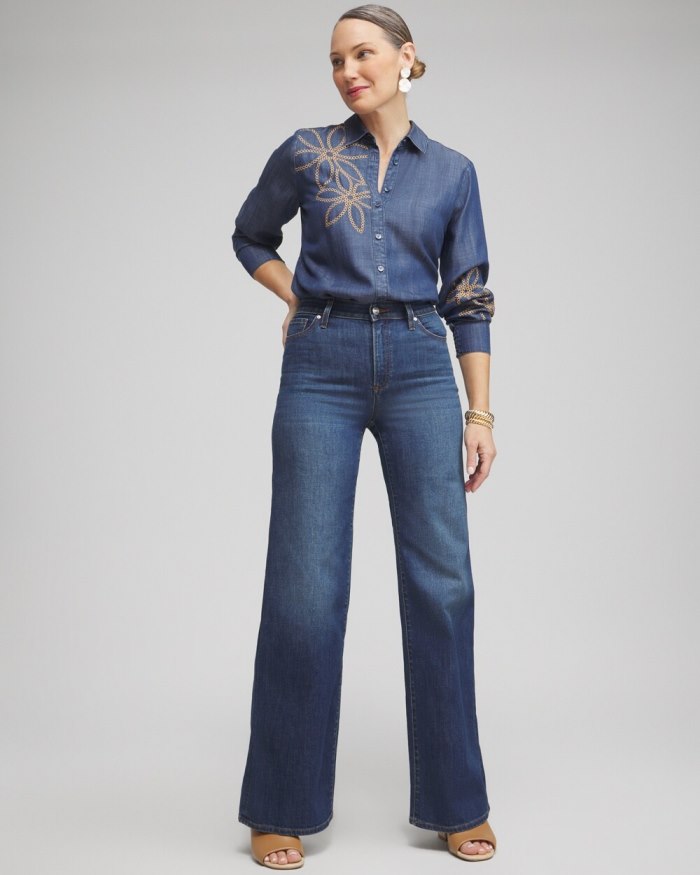 Chicos Twill Denim Eyelet Shirt - Deep Rapids Wash Chicos Twill Denim Eyelet Shirt - Deep Rapids Wash