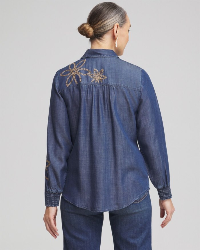 Chicos Twill Denim Eyelet Shirt - Deep Rapids Wash Chicos Twill Denim Eyelet Shirt - Deep Rapids Wash
