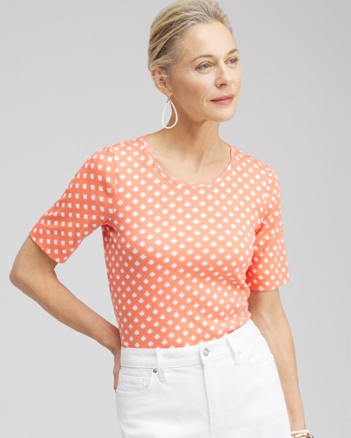 Chicos Checkered Everyday Elbow Sleeve Tee - Nectarine Chicos Checkered Everyday Elbow Sleeve Tee - Nectarine