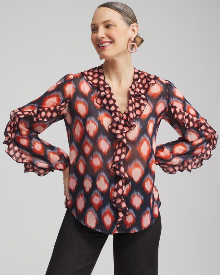 Chicos Ruffle Detail Ikat Blouse - Classic Navy Chicos Ruffle Detail Ikat Blouse - Classic Navy