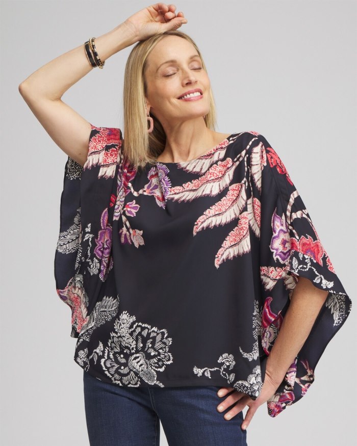 Chicos Ruffle Detail Floral Poncho - Classic Navy Chicos Ruffle Detail Floral Poncho - Classic Navy