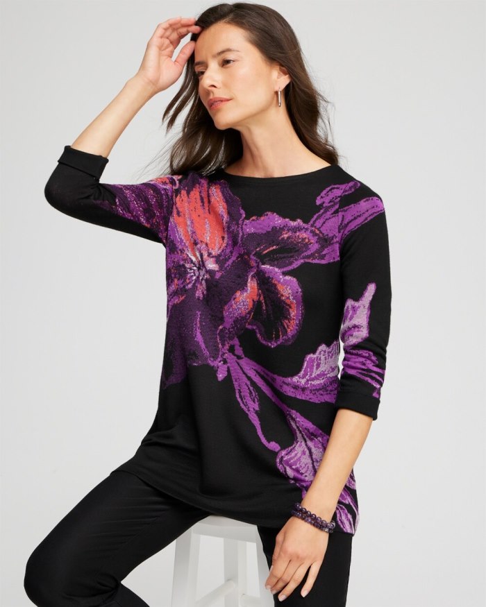 Chicos Floral Roll Cuff Tunic Sweater - Black Chicos Floral Roll Cuff Tunic Sweater - Black