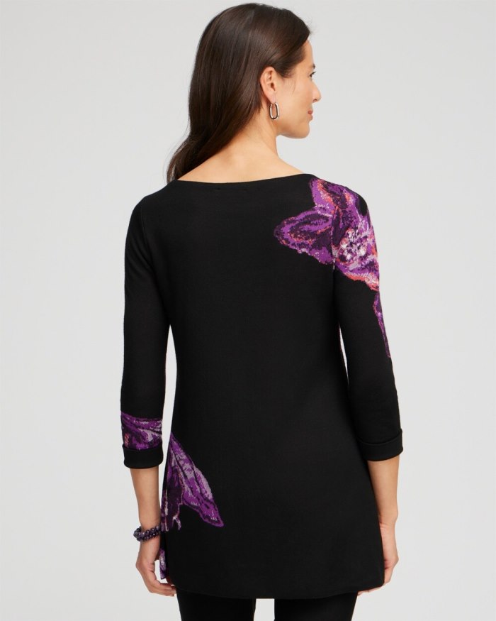 Chicos Floral Roll Cuff Tunic Sweater - Black Chicos Floral Roll Cuff Tunic Sweater - Black