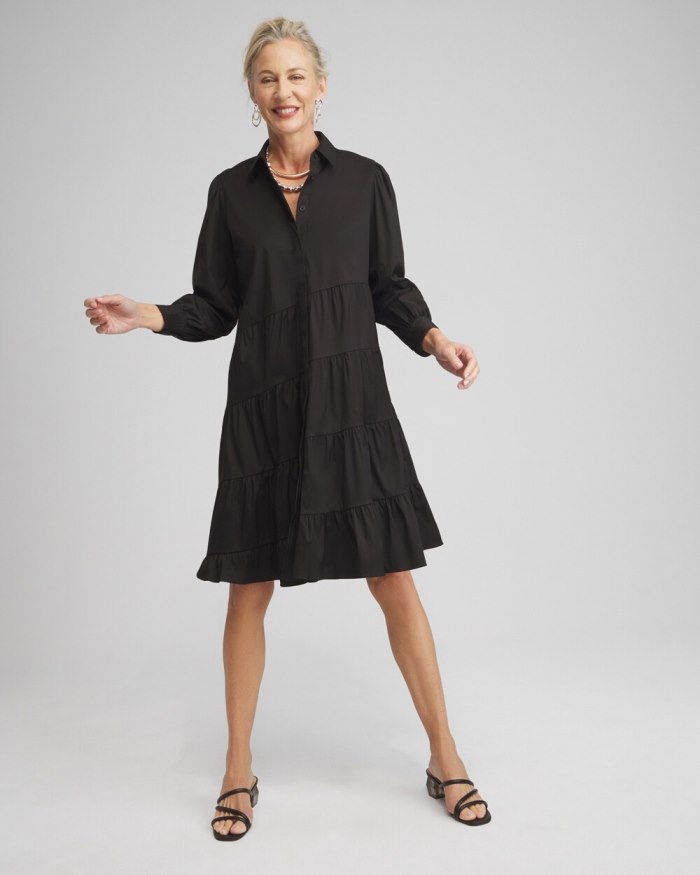 Chicos Poplin Asymmetrical Tiered Shirt Dress - Soft Slate Chicos Poplin Asymmetrical Tiered Shirt Dress - Soft Slate