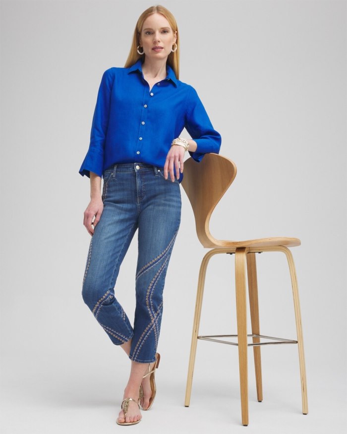 Chicos Girlfriend Embroidered Cropped Jeans - Corfu Indigo Chicos Girlfriend Embroidered Cropped Jeans - Corfu Indigo