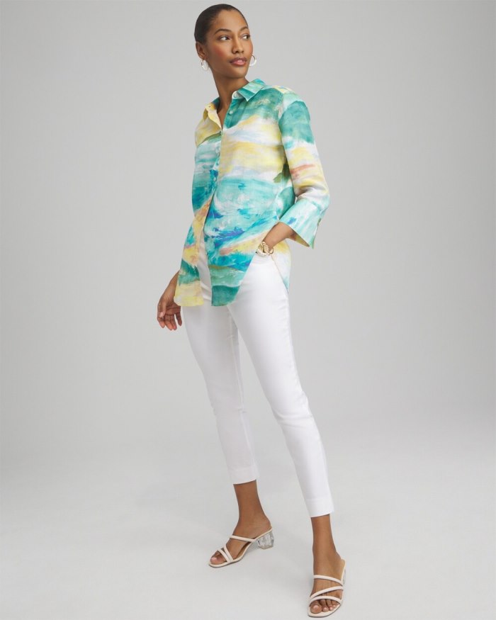 Chicos No Iron Linen Watercolor 3/4 Sleeve Shirt - Cool Water Chicos No Iron Linen Watercolor 3/4 Sleeve Shirt - Cool Water
