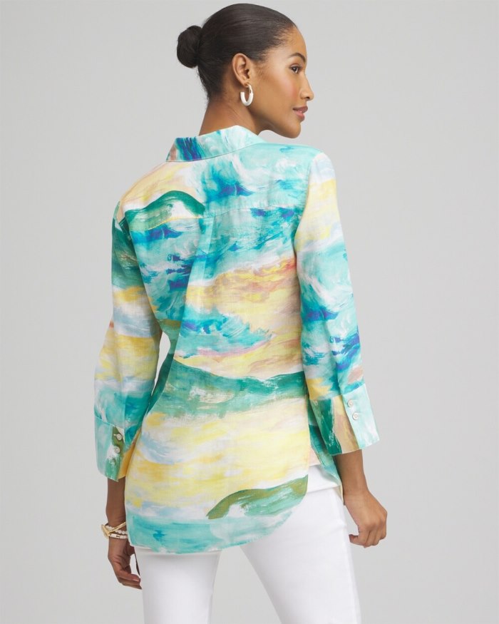 Chicos No Iron Linen Watercolor 3/4 Sleeve Shirt - Cool Water Chicos No Iron Linen Watercolor 3/4 Sleeve Shirt - Cool Water